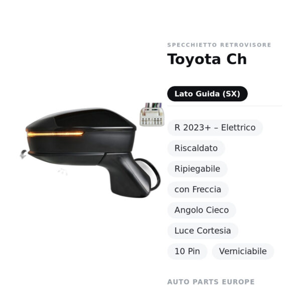 Außenspiegel Links Toyota Ch-R 2023+ – Elektrisch, Beheizt, Klappbar, mit Blinker, Toter Winkel, Innenleuchte, 10-polig