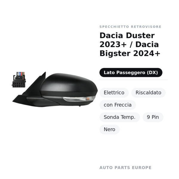 Specchietto Retrovisore Destro Dacia Duster 2023+ / Dacia Bigster 2024+ – Elettrico, Riscaldato, con Freccia, Sonda Temp., 9