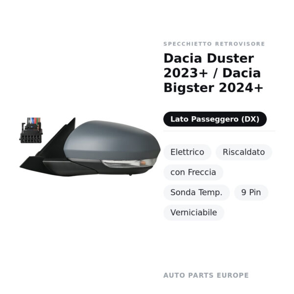 Specchietto Retrovisore Destro Dacia Duster 2023+ / Dacia Bigster 2024+ – Elettrico, Riscaldato, con Freccia, Sonda Temp., 9