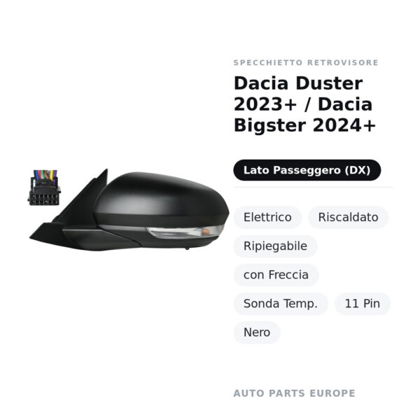 Specchietto Retrovisore Destro Dacia Duster 2023+ / Dacia Bigster 2024+ – Elettrico, Riscaldato, Ripiegabile, con Freccia