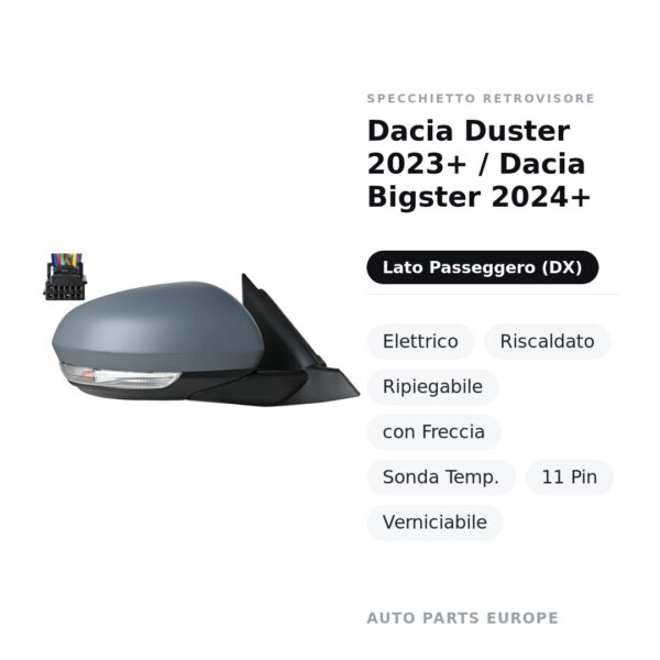 Specchietto Retrovisore Destro Dacia Duster 2023+ / Dacia Bigster 2024+ – Elettrico, Riscaldato, Ripiegabile, con Freccia