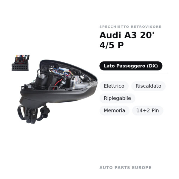 Specchietto Retrovisore Destro Audi A3 20′ 4/5 P – Elettrico, Riscaldato, Ripiegabile, Memoria, 14+2 Pin – foto 2