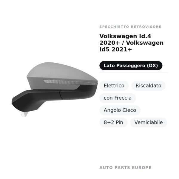 Außenspiegel Rechts Volkswagen Id.4 2020+ / Volkswagen Id5 2021+ – Elektrisch, Beheizt, mit Blinker, Toter Winkel, 8+2 Pin