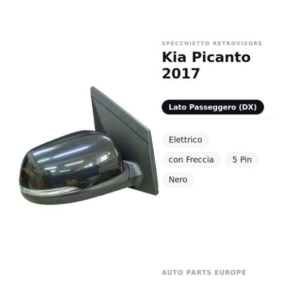 Specchietto Retrovisore Destro Kia Picanto 2017 – Elettrico, con Freccia, 5 Pin, Nero – foto 2
