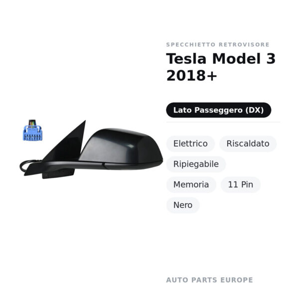 Außenspiegel Rechts Tesla Model 3 2018+ – Elektrisch, Beheizt, Klappbar, Memory, 11-polig, Schwarz – Bild 2