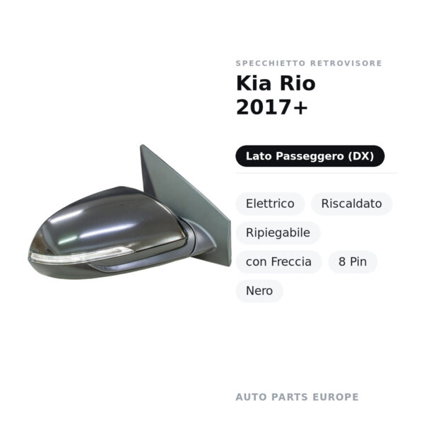 Specchietto Retrovisore Destro Kia Rio 2017+ – Elettrico, Riscaldato, Ripiegabile, con Freccia, 8 Pin, Nero – foto 2