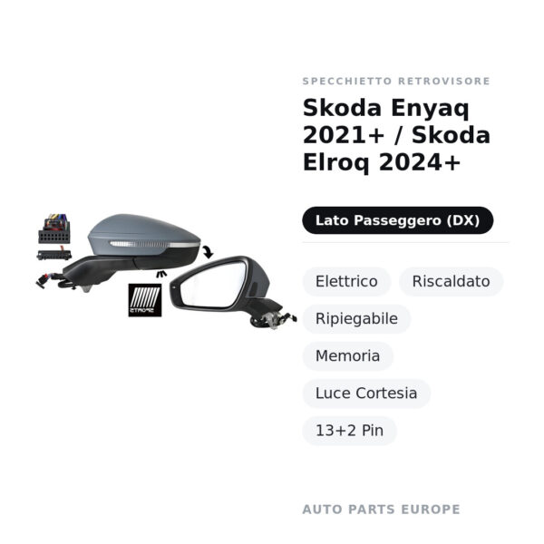 Specchietto Retrovisore Destro Skoda Enyaq 2021+ / Skoda Elroq 2024+ – Elettrico, Riscaldato, Ripiegabile, Memoria, Luce