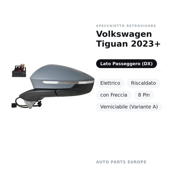 Specchietto Retrovisore Destro Volkswagen Tiguan 2023+ – Elettrico, Riscaldato, con Freccia, 8 Pin, Verniciabile (Variante