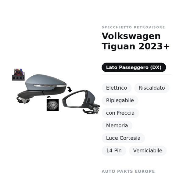 Außenspiegel Rechts Volkswagen Tiguan 2023+ – Elektrisch, Beheizt, Klappbar, mit Blinker, Speicher, Innenleuchte, 14-polig